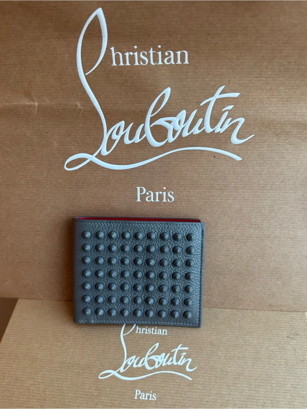 NWT Christian Louboutin Men’s Funky Studded Leather Bifold Wallet in Smoke Grey